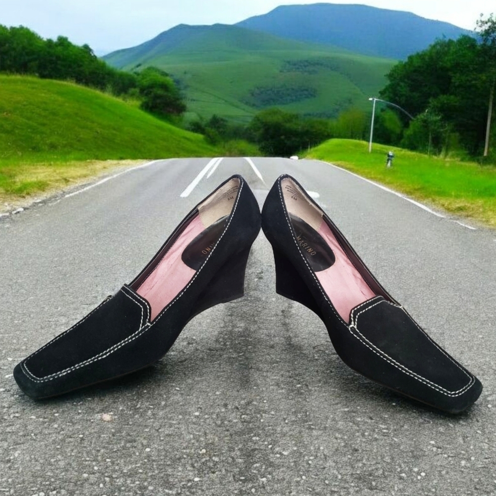 Ann Marino Wedge Heels Womens Black Suede 8M Square Toe Business Casual Shoes